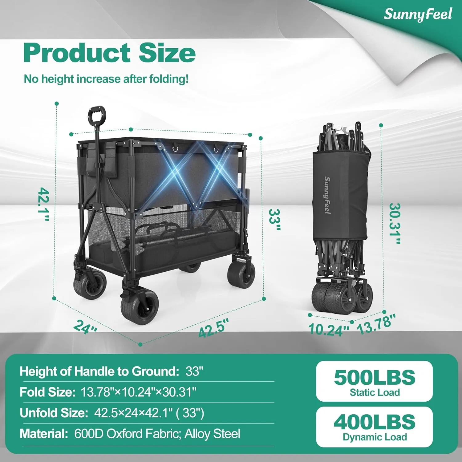 SunnyFeel Double Decker Wagon, Collapsible Outdoor Utility Wagon Cart 500LB Capacity Adjustable Handlebar,Foldable Wheels Stable Durable Oxford Fabric for Shopping Garden Camping (Black, Double Deck)