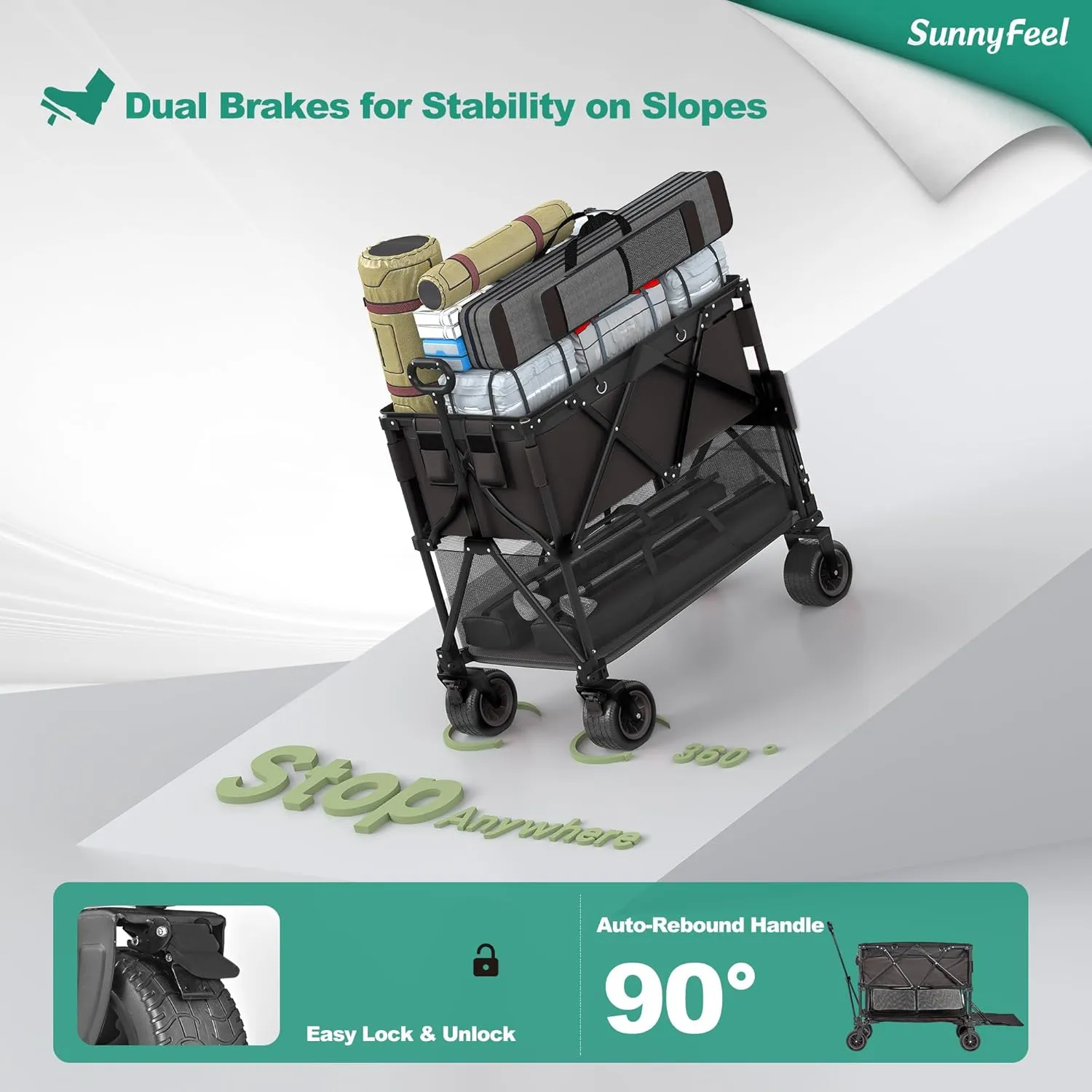 SunnyFeel Double Decker Wagon, Collapsible Outdoor Utility Wagon Cart 500LB Capacity Adjustable Handlebar,Foldable Wheels Stable Durable Oxford Fabric for Shopping Garden Camping (Black, Double Deck)