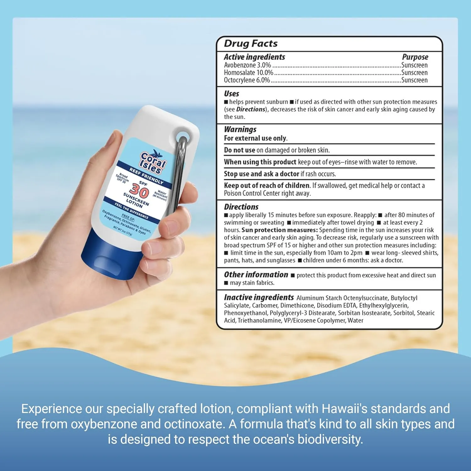 Sunscreen SPF 30 | Hawaii Compliant as Reef Safe | Octinoxate & Oxybenzone Free | Broad Spectrum UVA/UVB Protection | Water Resistant 80 Min. | Fragrance Free | 2 Fl Oz (Pack of 2))