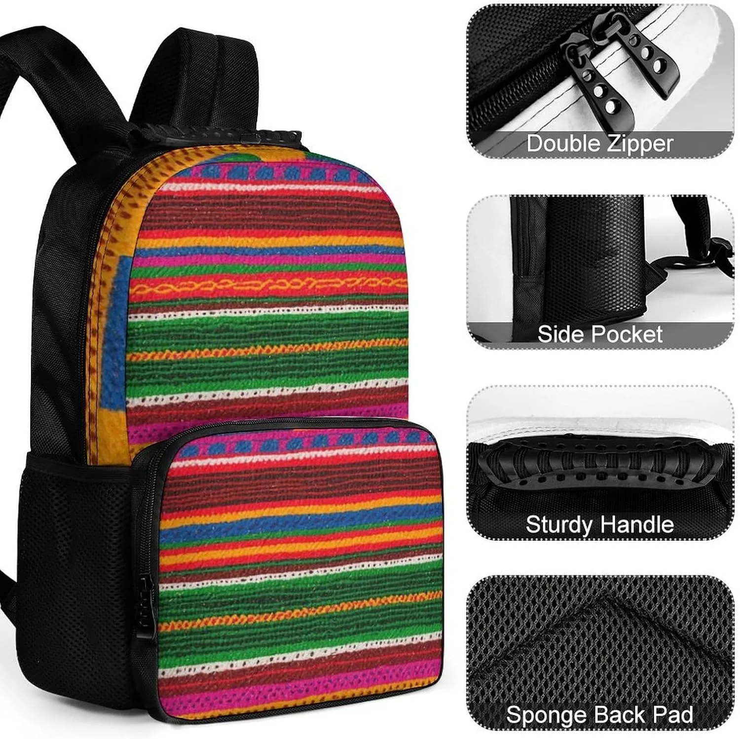 Supdreamc Lightweight Daypack Bookbag for Trekking Business Walking Cycling - Big Capacity Anti-Theft Multipurpose Carry On Bag, Colorful Mexican Blanket Stripes Art Business Computer Bag