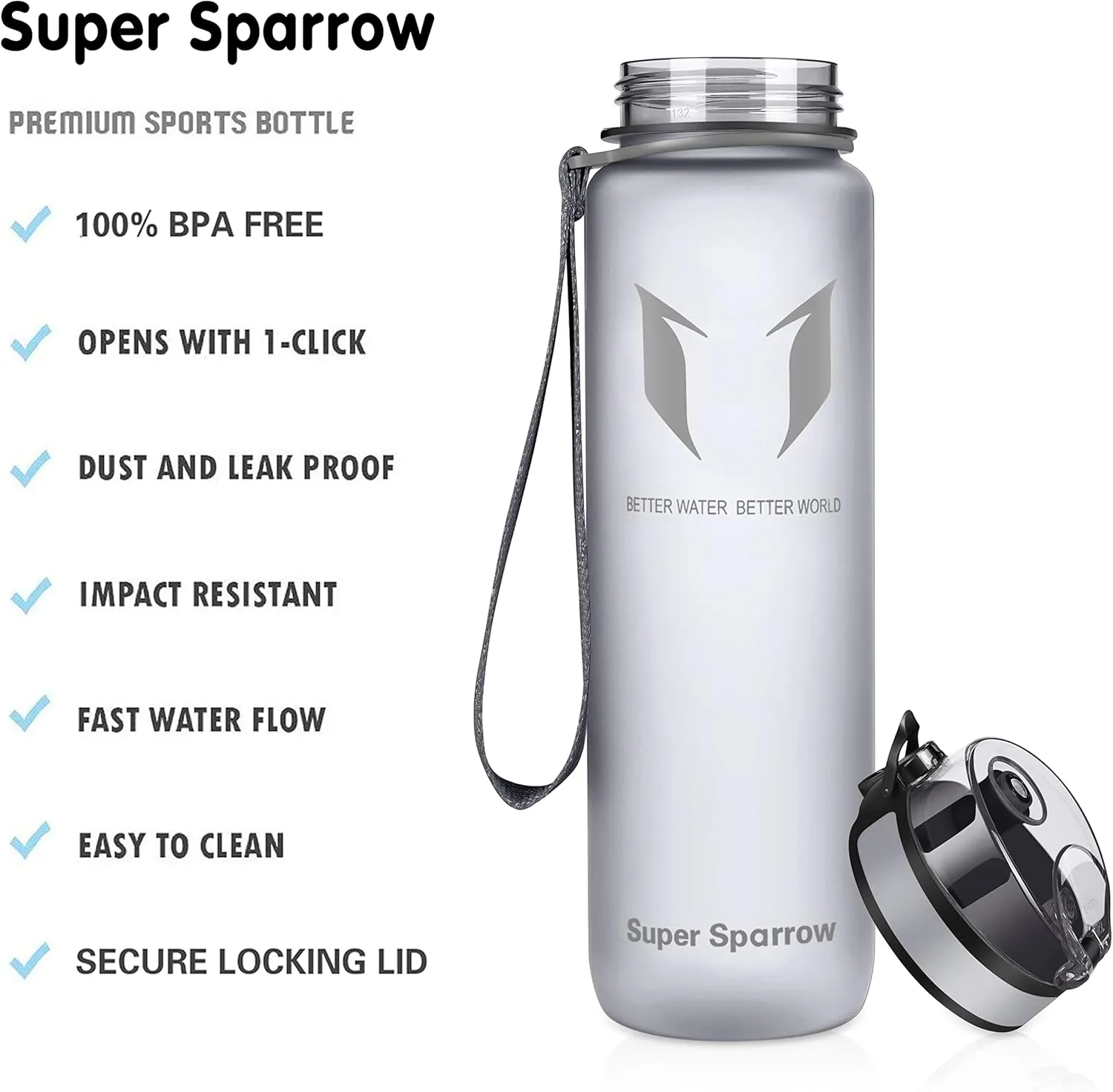 Super Sparrow Water Bottle - 12 oz/17 oz/25 oz/32 oz - BPA Free Tritan Water Bottles - One Touch Opening - Leak-proof Plastic Bottle - Kids Water Bottle for Office, Gym, Outdoor, Sports