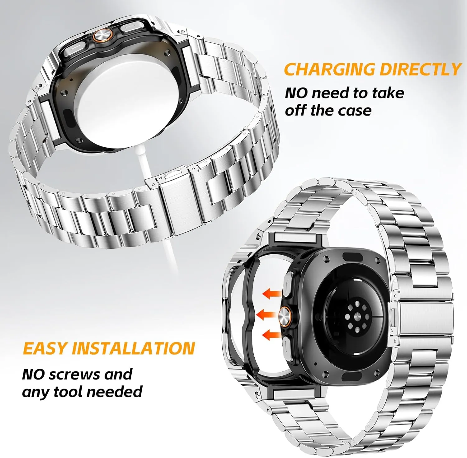 SUPLINK Stainless Steel Case and Band Compatible with Samsung Galaxy Watch Ultra Bands Men, Rugged Protective Case Bumper Metal Bands for Samsung Watch Ultra Band 47mm, Silver
