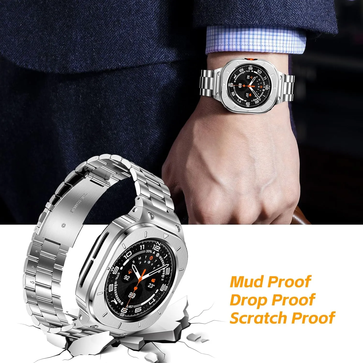 SUPLINK Stainless Steel Case and Band Compatible with Samsung Galaxy Watch Ultra Bands Men, Rugged Protective Case Bumper Metal Bands for Samsung Watch Ultra Band 47mm, Silver