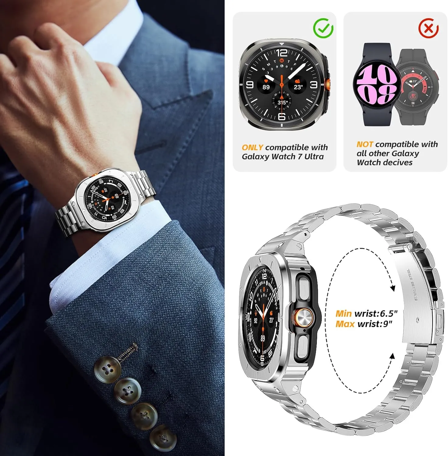 SUPLINK Stainless Steel Case and Band Compatible with Samsung Galaxy Watch Ultra Bands Men, Rugged Protective Case Bumper Metal Bands for Samsung Watch Ultra Band 47mm, Silver