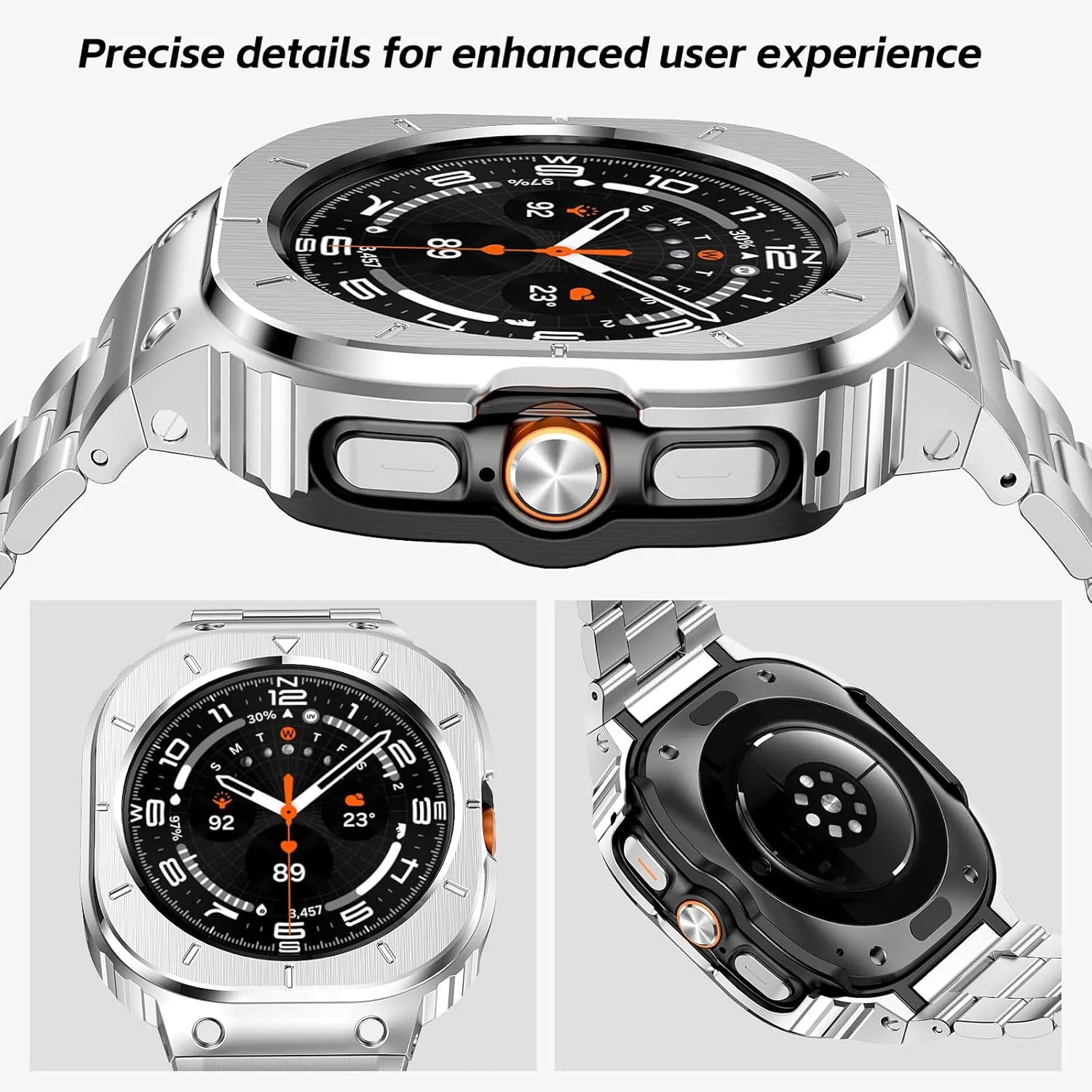 SUPLINK Stainless Steel Case and Band Compatible with Samsung Galaxy Watch Ultra Bands Men, Rugged Protective Case Bumper Metal Bands for Samsung Watch Ultra Band 47mm, Silver