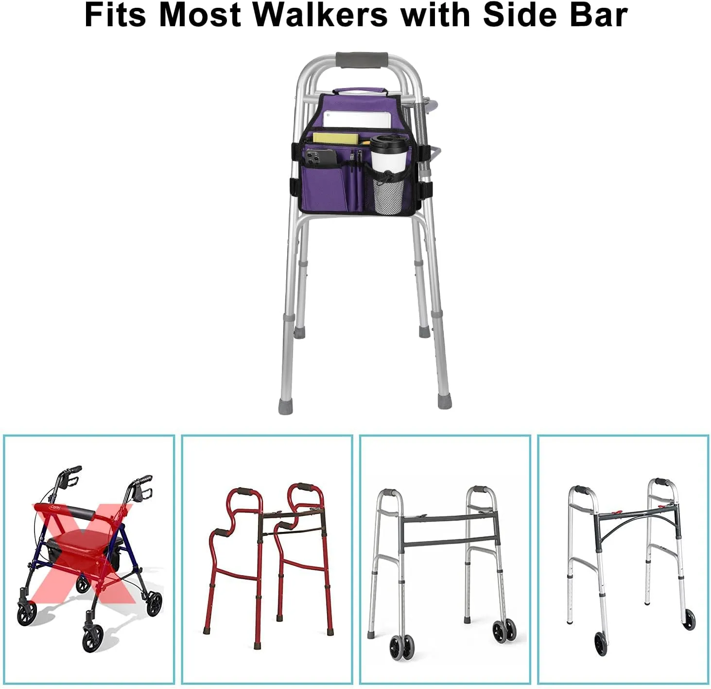supregear Side Walker Bag, Walker Accessories Bag w/Cup Holder, Folding Walker Basket Waterproof Walker Organizer Caddy Pouch for Most Walker with Side Bar for Seniors, Elderly, Double Sided