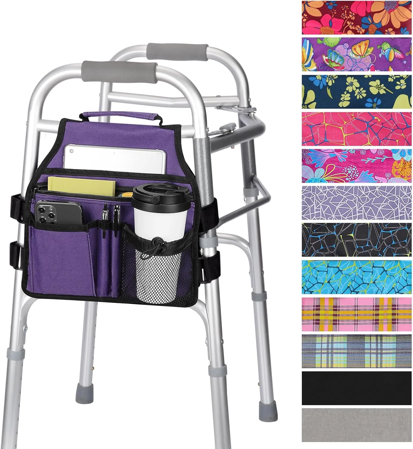 supregear Side Walker Bag, Walker Accessories Bag w/Cup Holder, Folding Walker Basket Waterproof Walker Organizer Caddy Pouch for Most Walker with Side Bar for Seniors, Elderly, Double Sided