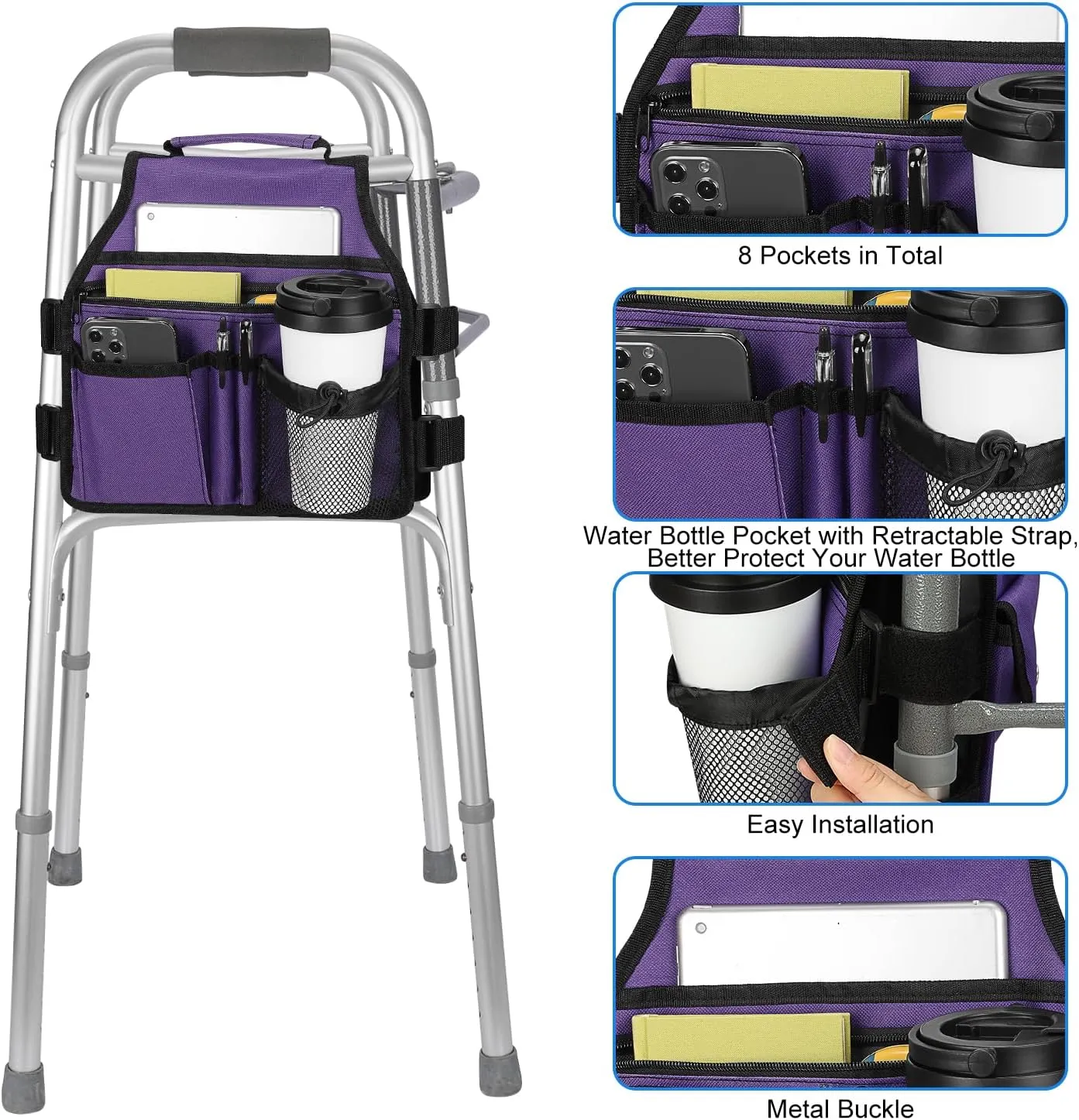 supregear Side Walker Bag, Walker Accessories Bag w/Cup Holder, Folding Walker Basket Waterproof Walker Organizer Caddy Pouch for Most Walker with Side Bar for Seniors, Elderly, Double Sided
