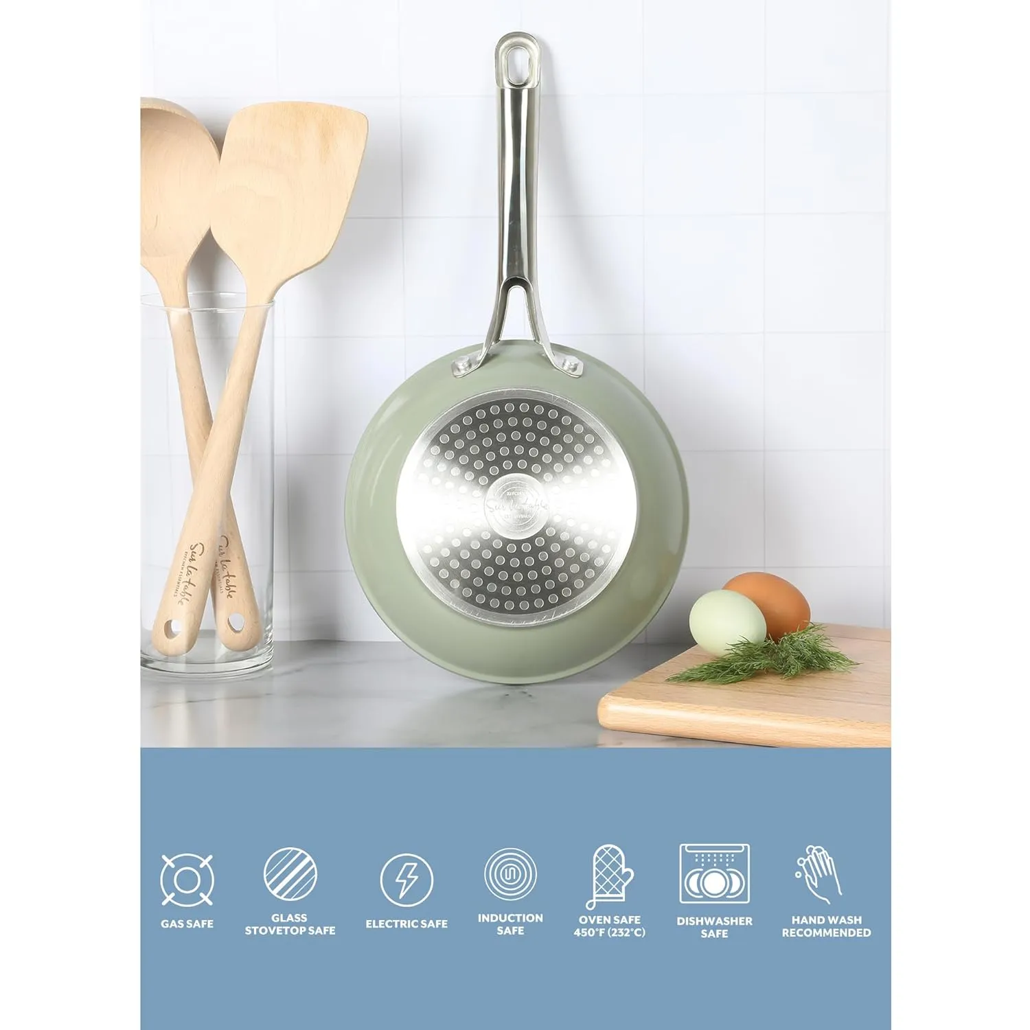Sur La Table Kitchen Essentials 8 Inch Fry Pan PFA Free Titanium Ceramic Nonstick Interior Forged Aluminum Cookware Frying Pan - Green - Induction Compatible