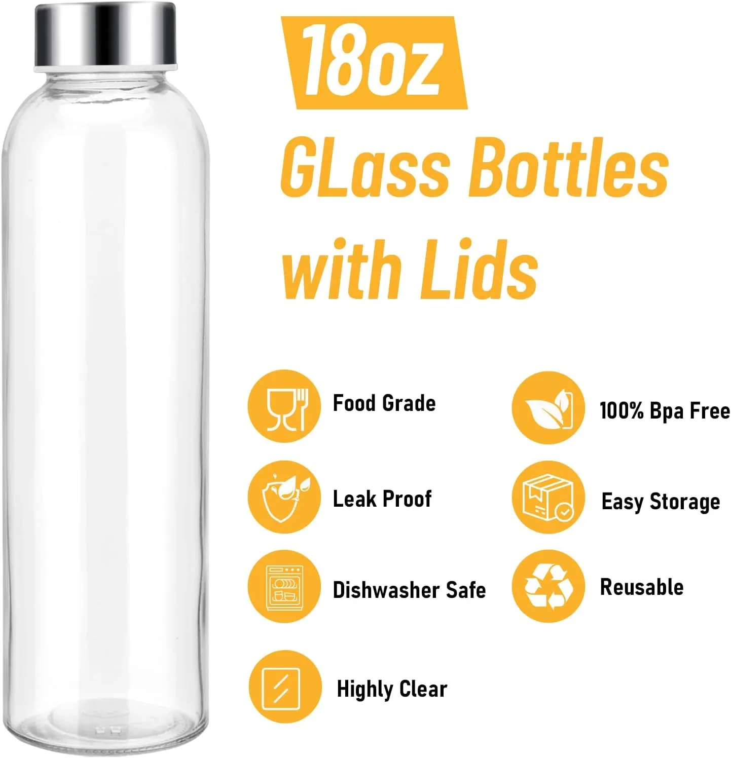 Sursip 18 oz Glass Water Bottles with Lids, Juice Bottles, Clear glass juice bottle for juicing, Eco-Friendly Reusable Glass Juicing Bottles with Stainless Steel Lid, BPA Free,Leak-Proof, Set of 6