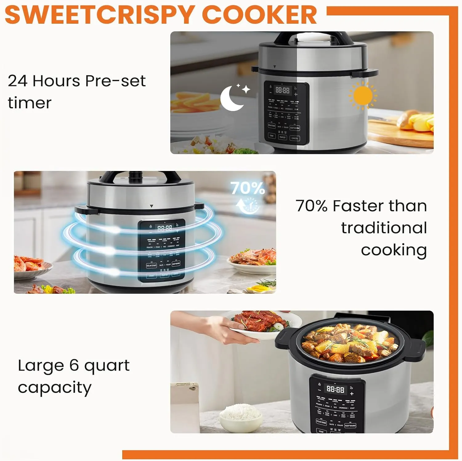 Sweetcrispy 6 QT Electric Pressure Cooker 12-in-1 Multi Electric Cookers, Rice Steamer Yogurt Maker Stainless Steel, New Sliver