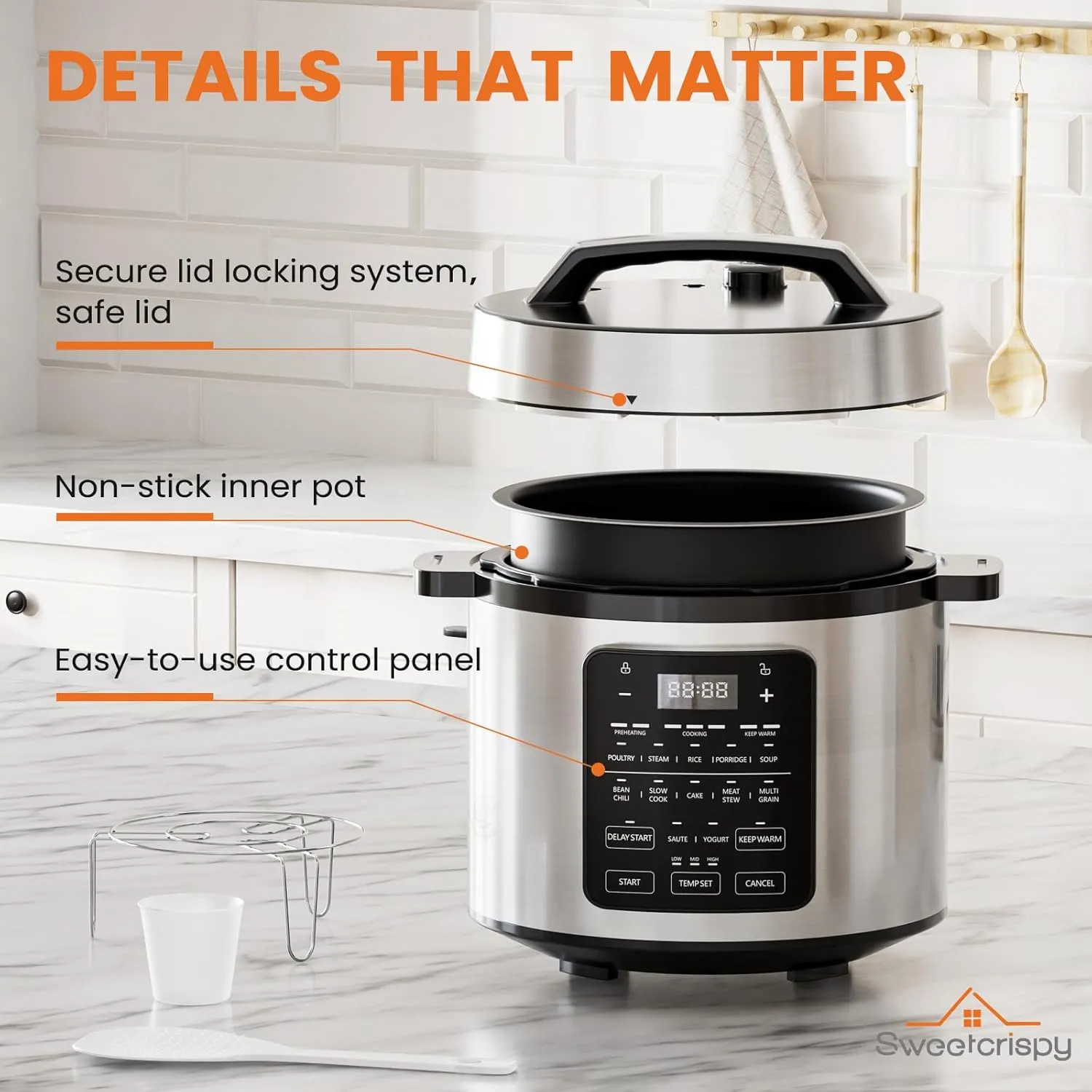 Sweetcrispy 6 QT Electric Pressure Cooker 12-in-1 Multi Electric Cookers, Rice Steamer Yogurt Maker Stainless Steel, New Sliver