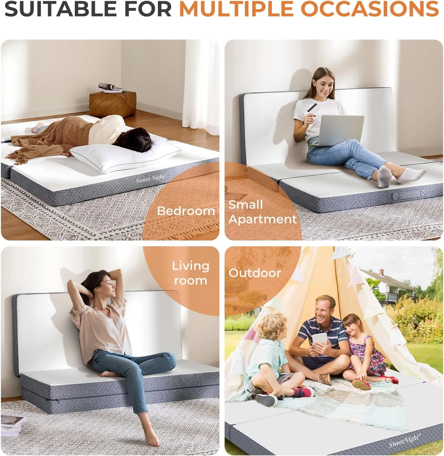 Sweetnight Tri Folding Mattress - 4-inch Foldable Mattress with a Collapsible and Washable Cover | Medium-Firm with Non-Slip Design | Suitable for RV Travel, Camping, Guest