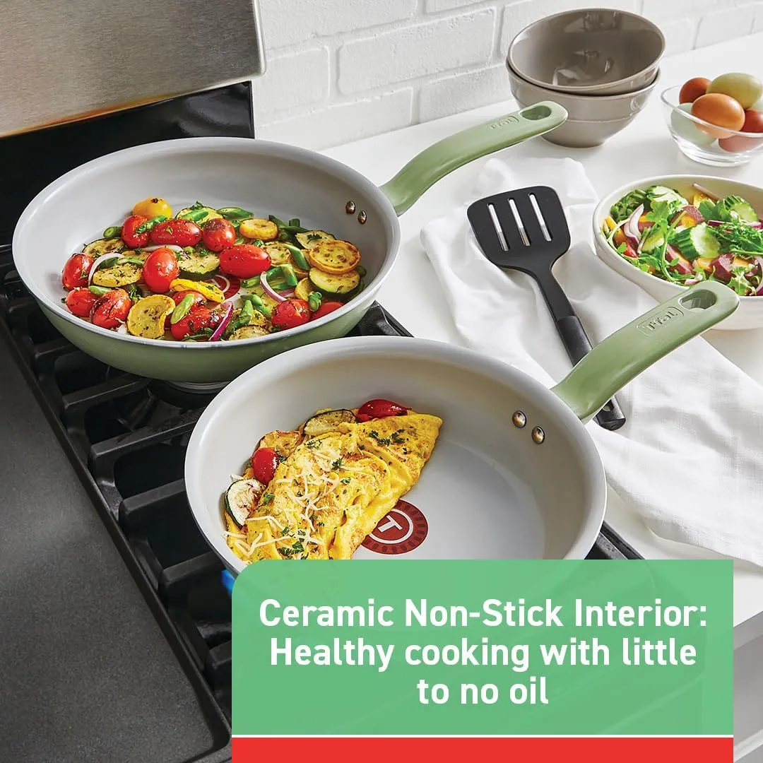 T-fal Recycled Ceramic Nonstick Cookware Set 12 Piece, Oven Safe 350F, Pots and Pans, Fry Pan, Kitchen tools, Green
