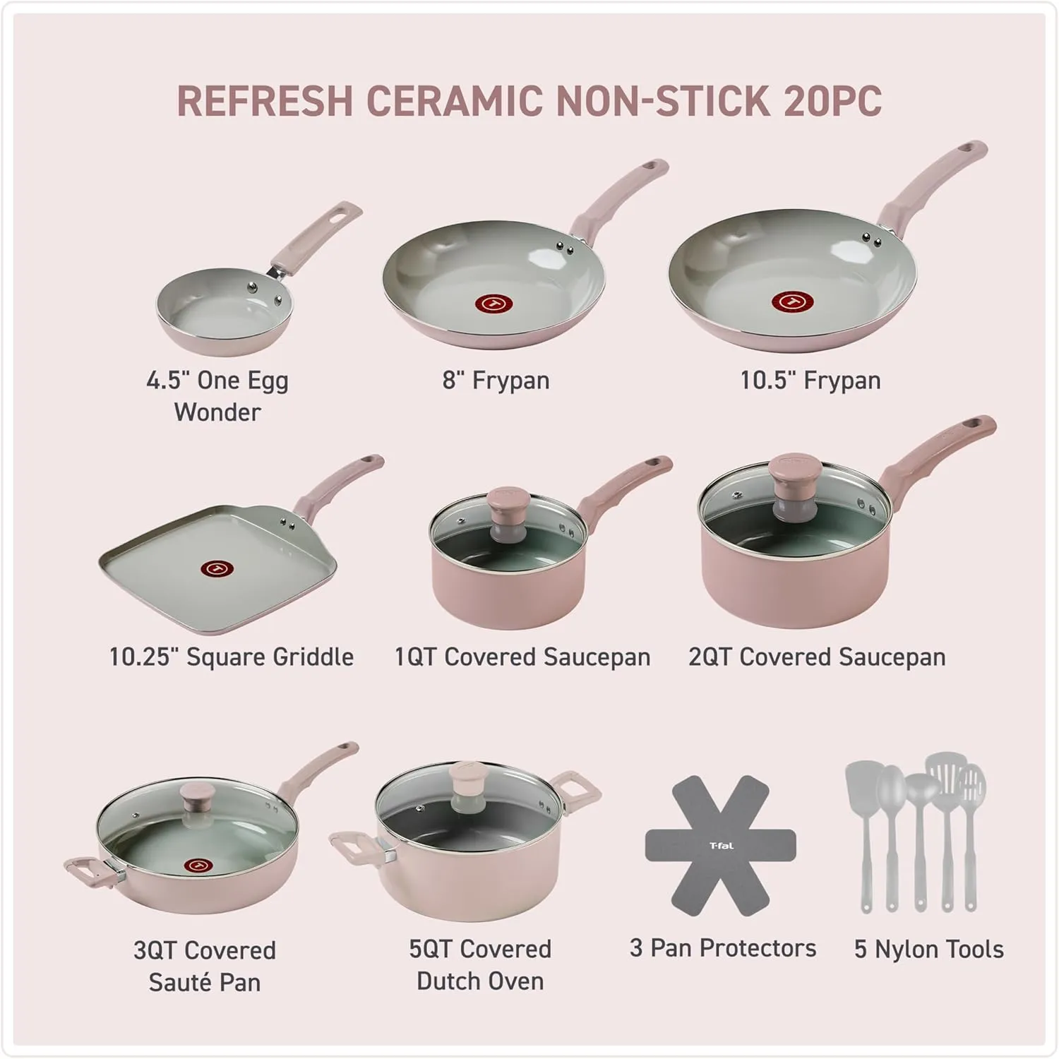 T-Fal Refresh Ceramic Nonstick Cookware Set, 20-Piece, Made without PFOA and PTFE, Oven and Broiler Safe up to 350°F, Includes Stockpot, Griddle, Frying Pans, and Utensils, Pots and Pans, Dusty Rose