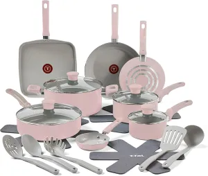 T-Fal Refresh Ceramic Nonstick Cookware Set, 20-Piece, Made without PFOA and PTFE, Oven and Broiler Safe up to 350°F, Includes Stockpot, Griddle, Frying Pans, and Utensils, Pots and Pans, Dusty Rose