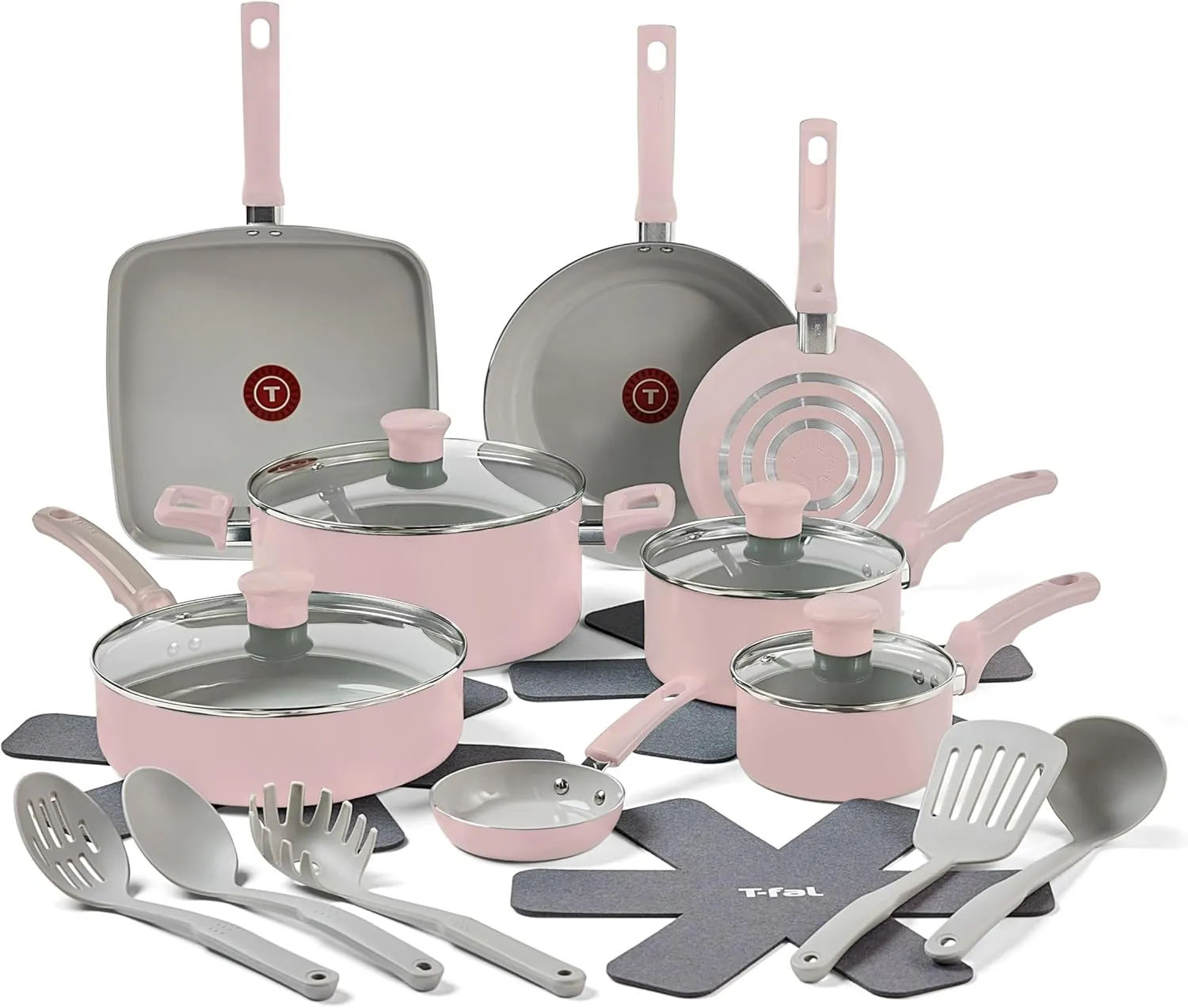 T-Fal Refresh Ceramic Nonstick Cookware Set, 20-Piece, Made without PFOA and PTFE, Oven and Broiler Safe up to 350°F, Includes Stockpot, Griddle, Frying Pans, and Utensils, Pots and Pans, Dusty Rose