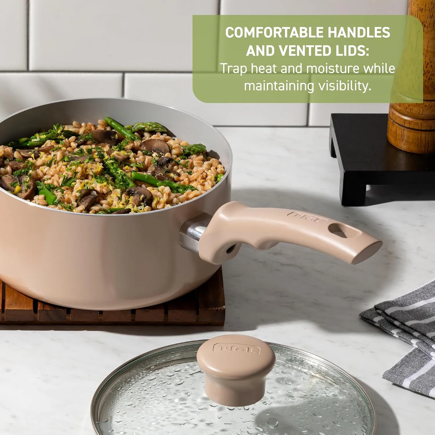 T-Fal Refresh Ceramic Nonstick Cookware Set, 20-Piece, Made without PFOA and PTFE, Oven and Broiler Safe up to 350°F, Includes Stockpot, Griddle, Frying Pans, and Utensils, Pots and Pans, Dusty Rose