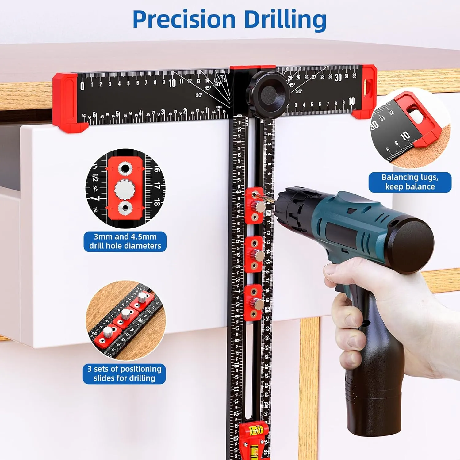 T Square Ruler - Multifunctional Drilling Positioning Ruler 35cm/14in Adjustable Angle Ruler,Cabinet Hardware Jig,for Precision Hole Punching Angle Measurement and Marking,Metric and Imperial