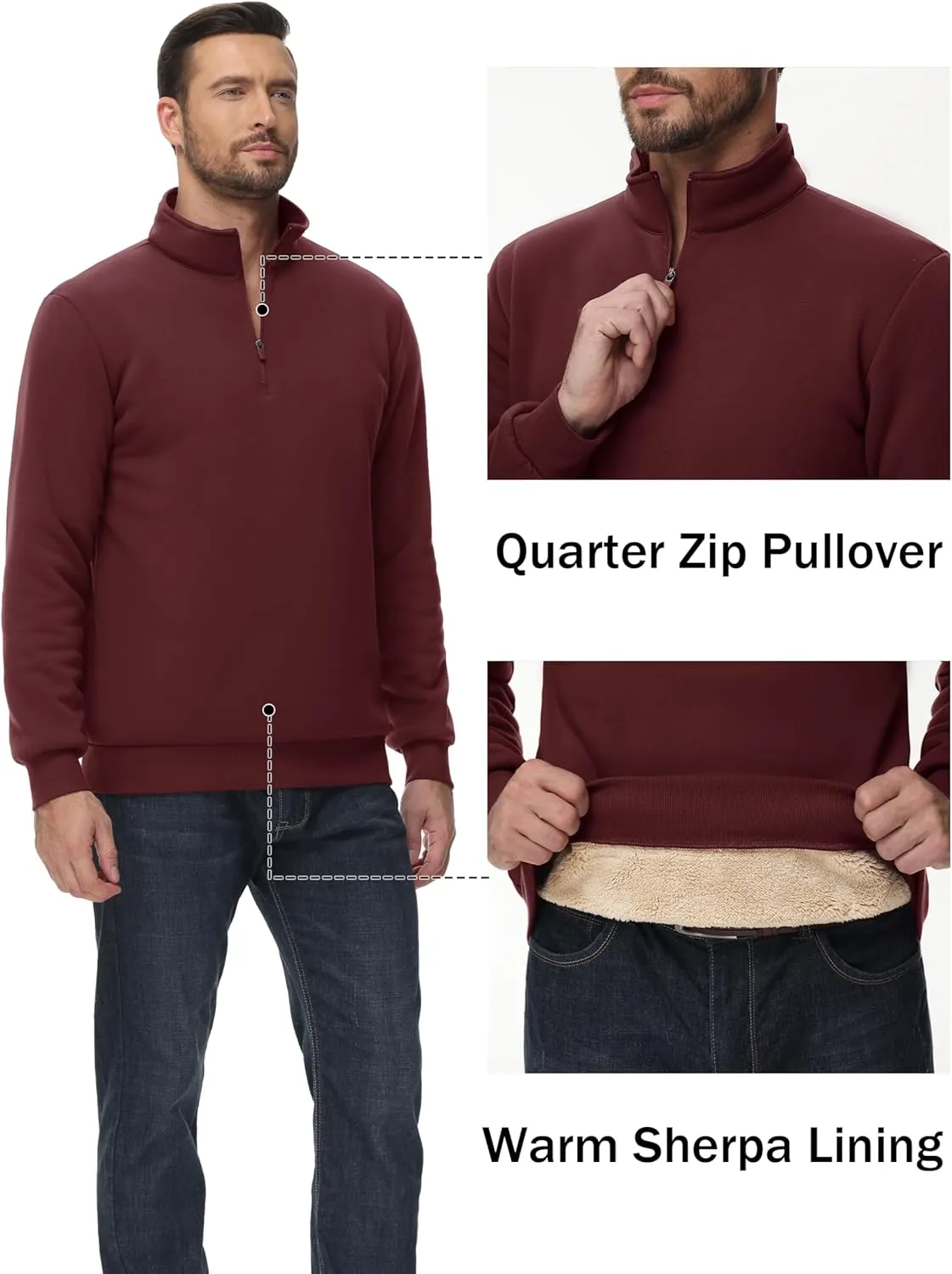 TACVASEN Men's Quarter Zip Sweatshirt Sherpa Lined Fleece Zipper Pullover Heavyweight Winter Warm Cotton Sweater