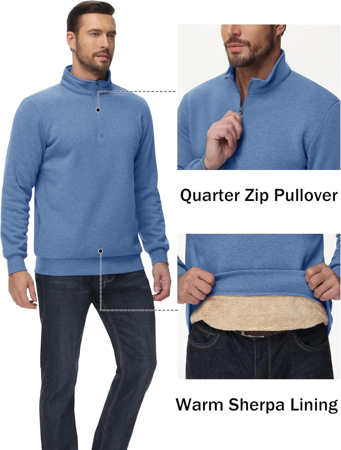 TACVASEN Men's Quarter Zip Sweatshirt Sherpa Lined Fleece Zipper Pullover Heavyweight Winter Warm Cotton Sweater