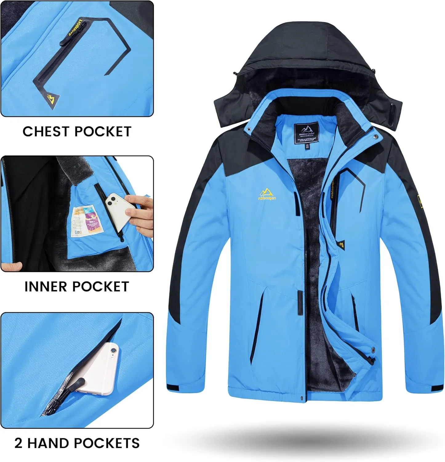 TACVASEN Men's Winter Skiing Jackets Water Resistant Fleece Coats Insulated Thermal Snowboard Jacket Parka Raincoat with Hood