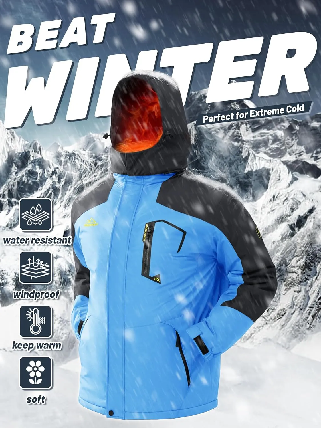 TACVASEN Men's Winter Skiing Jackets Water Resistant Fleece Coats Insulated Thermal Snowboard Jacket Parka Raincoat with Hood