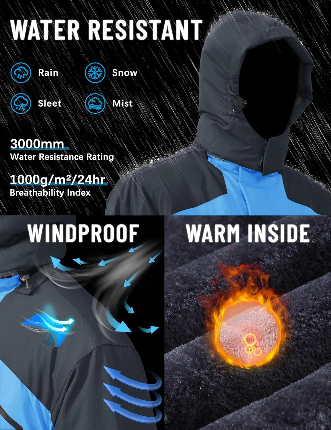 TACVASEN Men's Winter Skiing Jackets Water Resistant Fleece Coats Insulated Thermal Snowboard Jacket Parka Raincoat with Hood