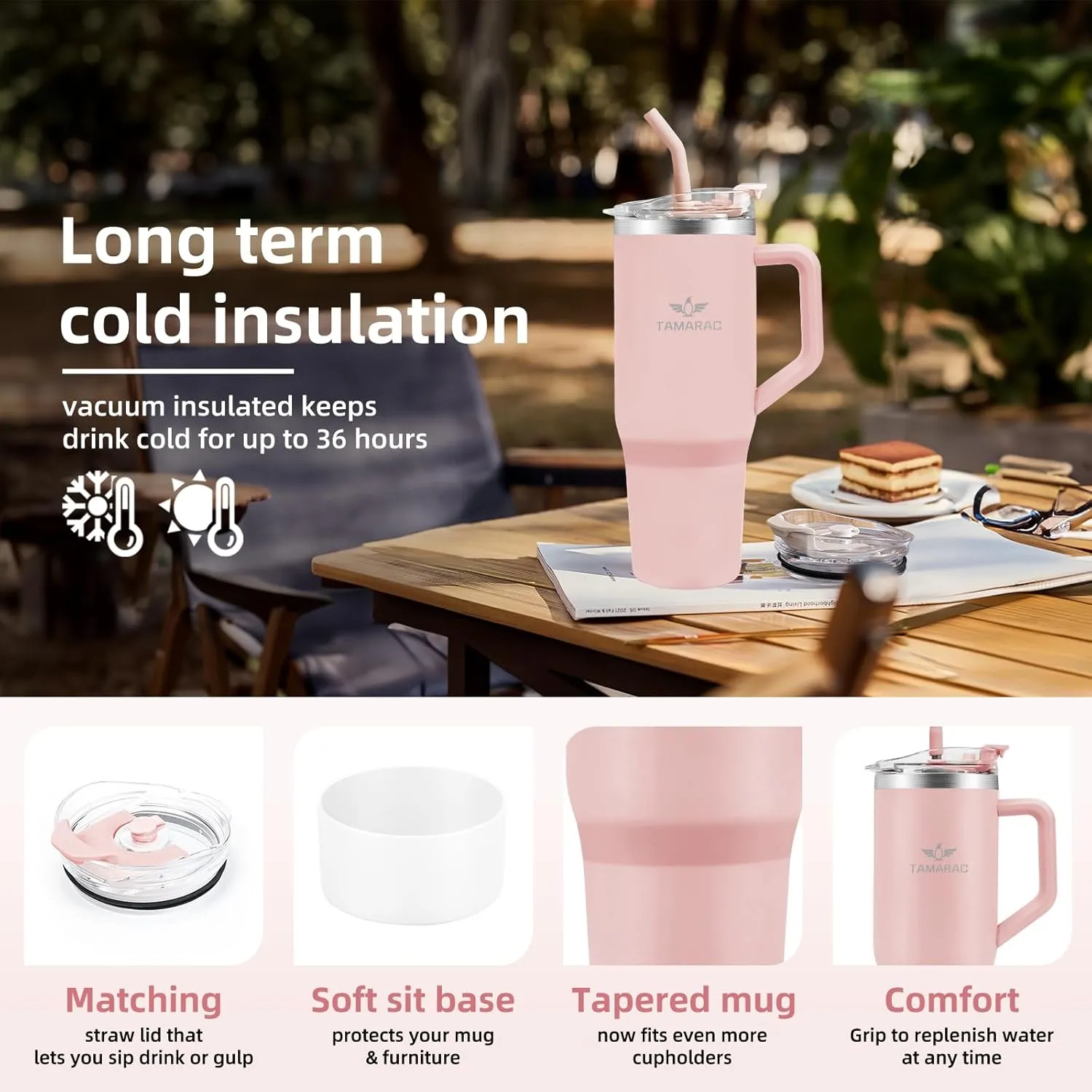 Tamarac 40 oz Tumbler With Handle and Straw Lid Wall Vacuum Reusable Stainless Steel Insulated Water Bottle Travel Mug Cup Modern Insulated Tumblers