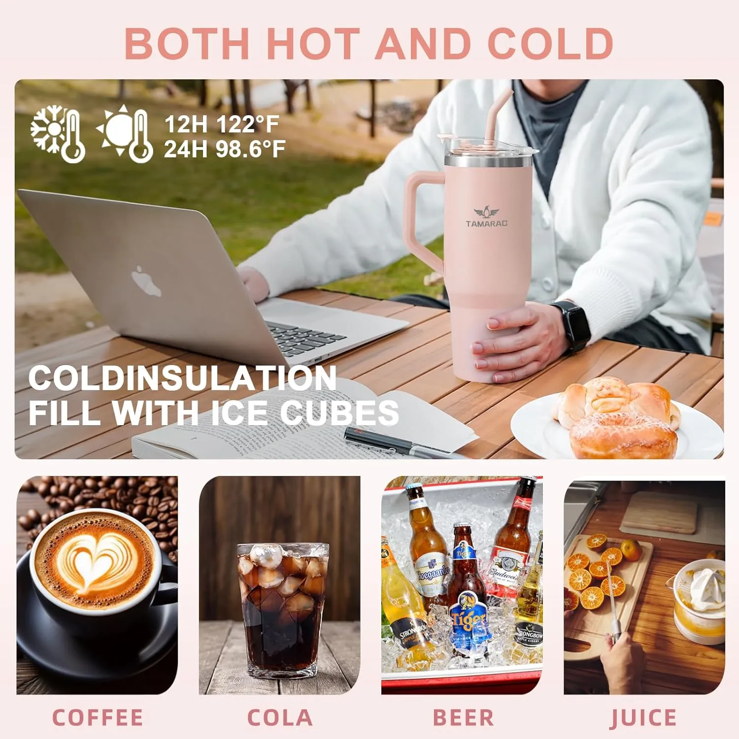 Tamarac 40 oz Tumbler With Handle and Straw Lid Wall Vacuum Reusable Stainless Steel Insulated Water Bottle Travel Mug Cup Modern Insulated Tumblers