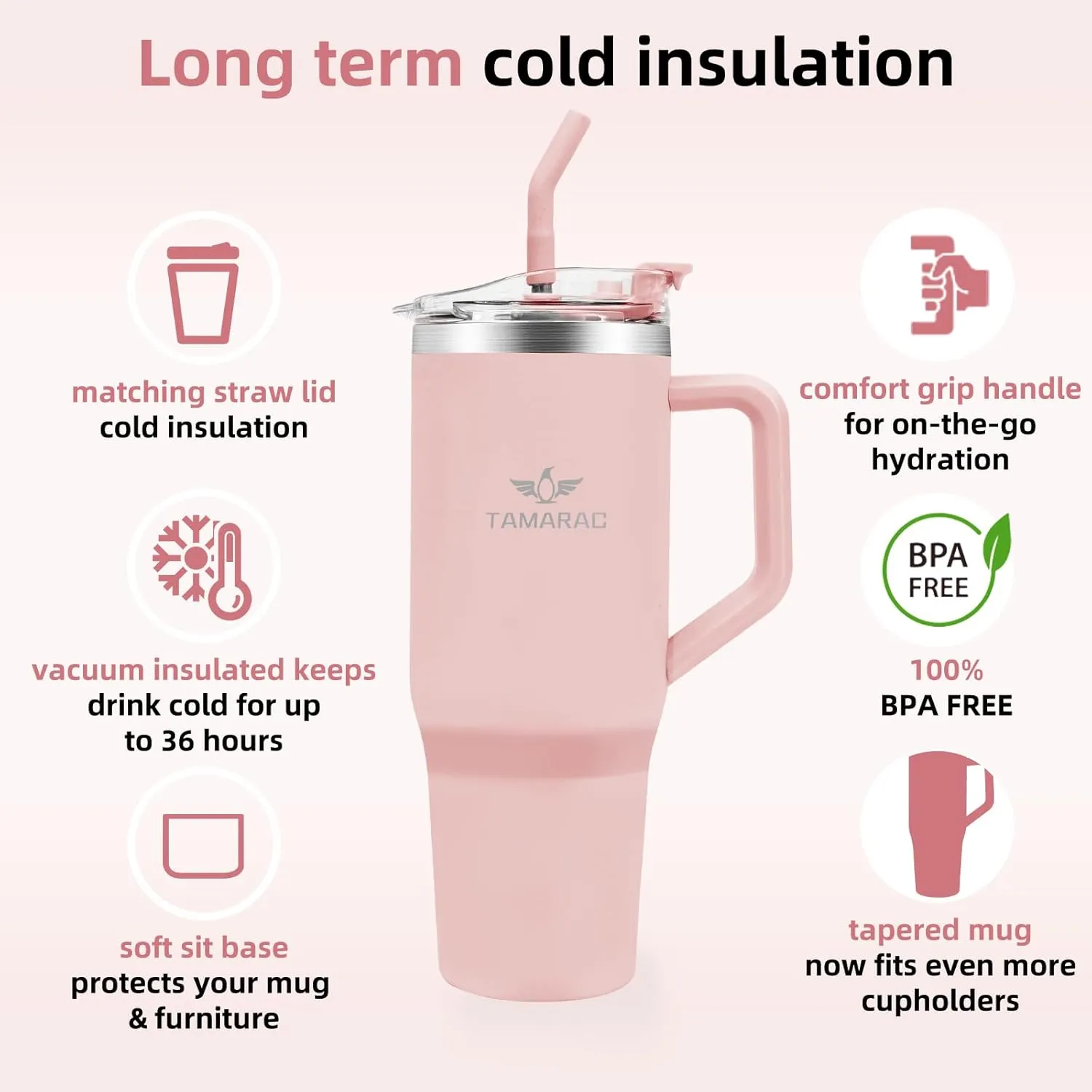Tamarac 40 oz Tumbler With Handle and Straw Lid Wall Vacuum Reusable Stainless Steel Insulated Water Bottle Travel Mug Cup Modern Insulated Tumblers