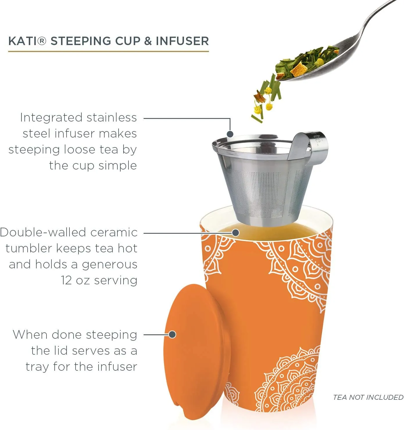 Tea Forte Chakra Double-Walled Ceramic Kati Cup with Removable Stainless Steel Infuser Basket and Lid, Steeps 12 oz Loose Leaf Tea, Lid and Cup Dishwasher & Microwave Safe, Gifts for Mom