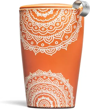 Tea Forte Chakra Double-Walled Ceramic Kati Cup with Removable Stainless Steel Infuser Basket and Lid, Steeps 12 oz Loose Leaf Tea, Lid and Cup Dishwasher & Microwave Safe, Gifts for Mom
