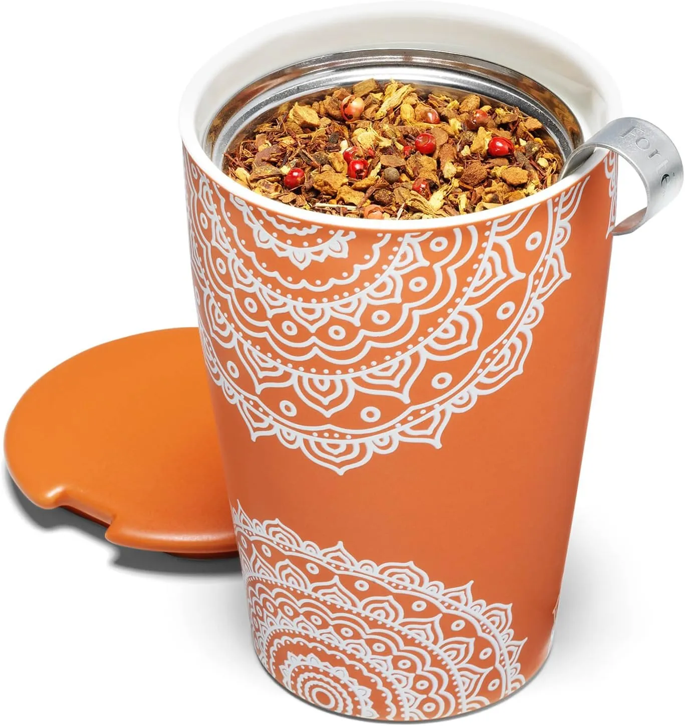 Tea Forte Chakra Double-Walled Ceramic Kati Cup with Removable Stainless Steel Infuser Basket and Lid, Steeps 12 oz Loose Leaf Tea, Lid and Cup Dishwasher & Microwave Safe, Gifts for Mom