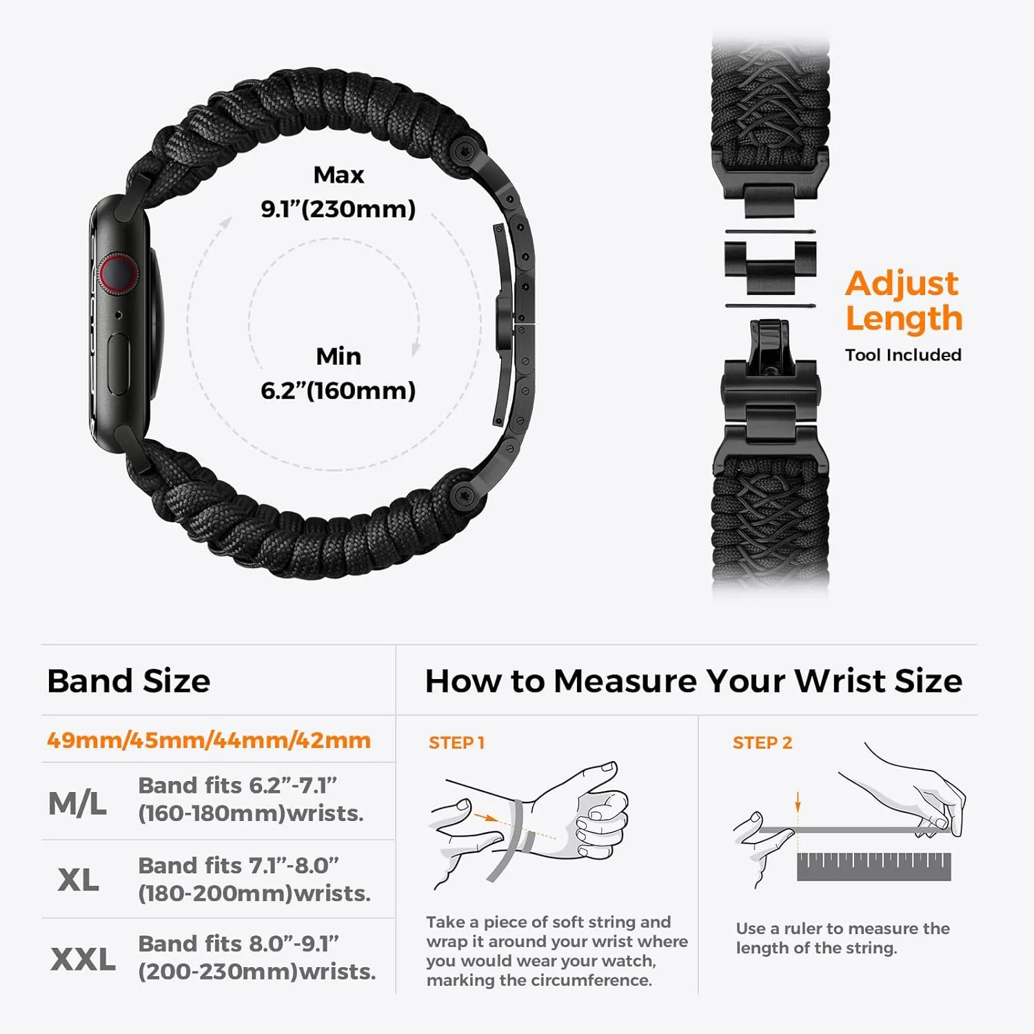 Tefeca Titan Series Paracord Band Compatible with Apple Watch Ultra 2/49mm, Series 10/46mm, 9/8/7/45mm, SE2/SE/6/5/4/44mm, and 3/2/1/42mm