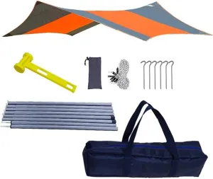 Tent Rain Fly Tent Tarp Camping Tarpaulin Beach Tent Awning with Tarpaulin Pole 410x410cm for Camping Outdoor Travel (Orange)