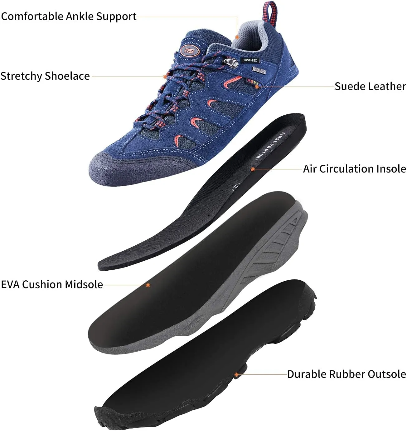 TFO Men’s Breathable Hiking Shoes Lightweight Anti-Slip Support Cushion Soft Lace-up Tear-Resistant for Outdoor Trekking Walking