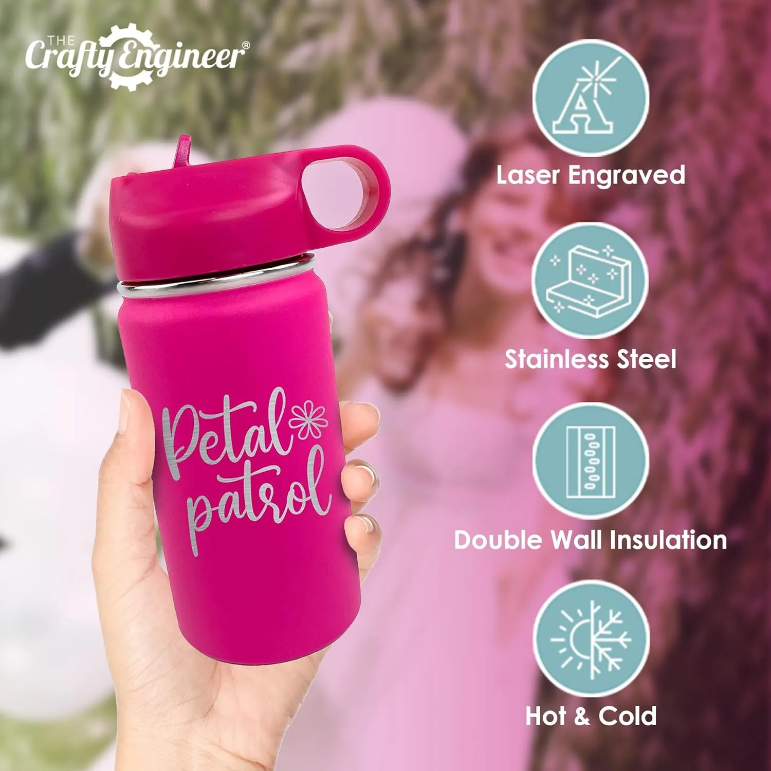The Crafty Engineer Flower Girl or Ring Bearer Water Bottle - 12 oz Insulated Water Bottle for Kids - The Perfect Ring Bearer or Ring Security Proposal Gift - Hot Pink (Flower Girl)