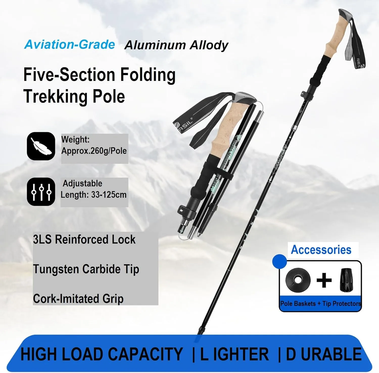The Trekking Poles are Ultra-Light Aluminum Alloy and Five-Section Folding Steel Ball Locking