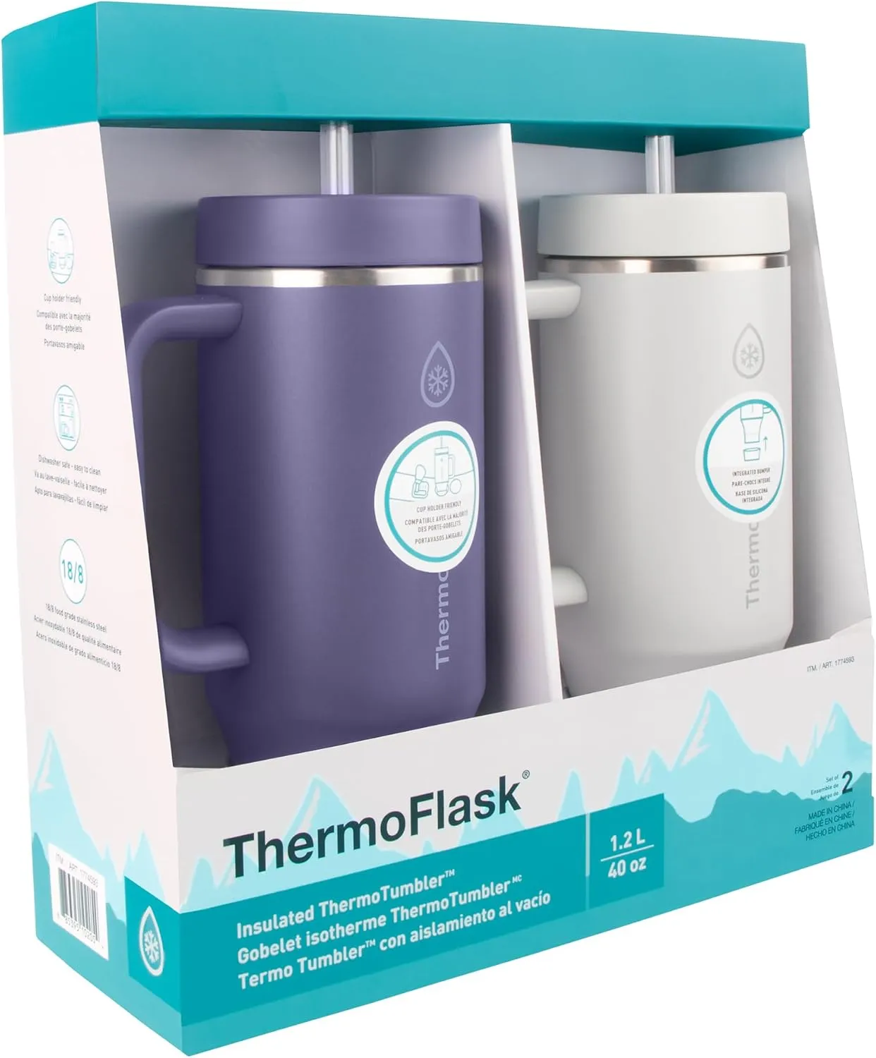 ThermoFlask Tumbler - BPA-Free Water Tumblers with Handles - Durable, Reusable Tumblers with Plastic Lids & Straws - Travel Water Container with Temp-Lock Technology - 40 oz, Purple/Grey (2 Pack)