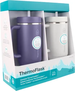 ThermoFlask Tumbler - BPA-Free Water Tumblers with Handles - Durable, Reusable Tumblers with Plastic Lids & Straws - Travel Water Container with Temp-Lock Technology - 40 oz, Purple/Grey (2 Pack)