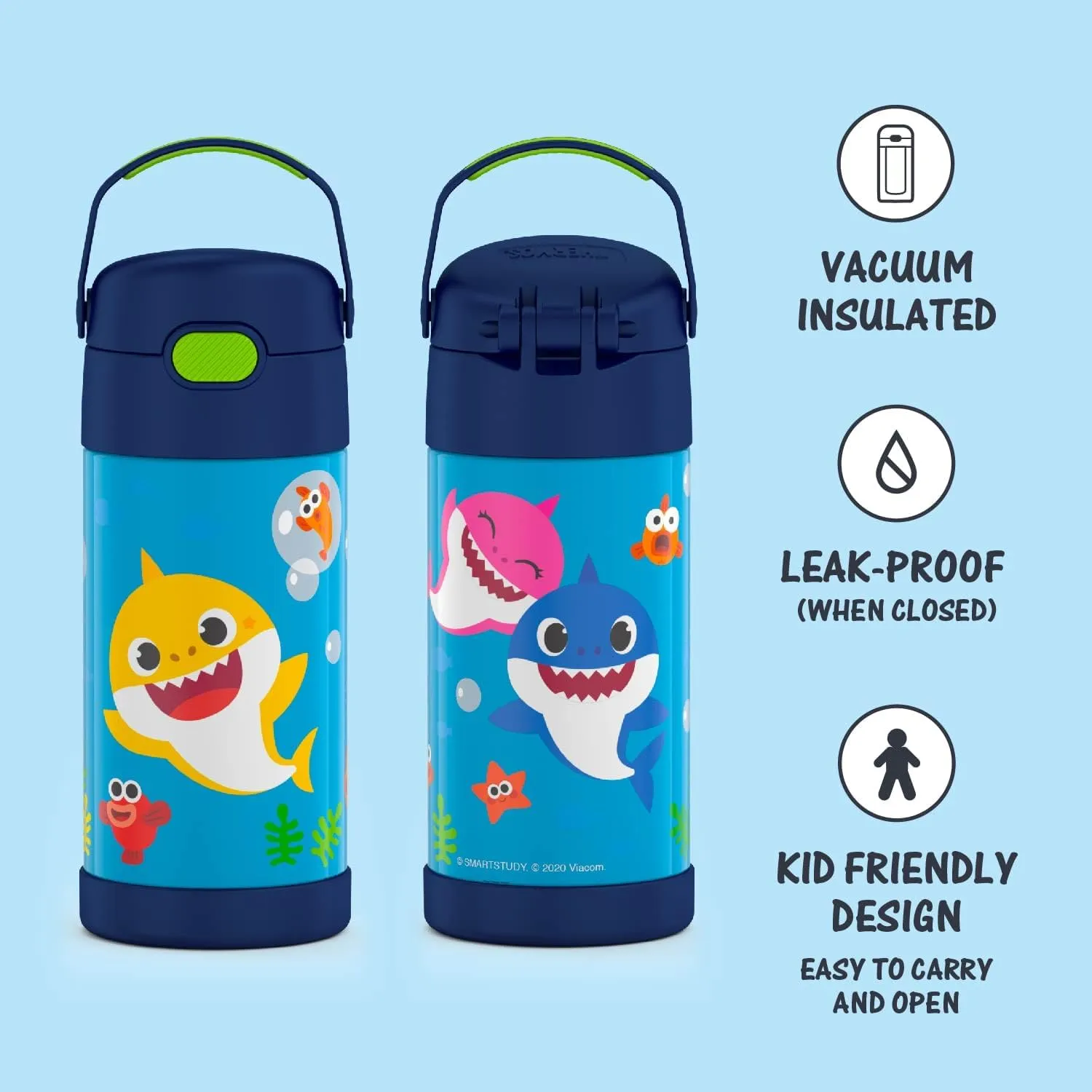 THERMOS FUNTAINER Water Bottle with Straw - 12 Ounce - Kids Stainless Steel Vacuum Insulated Water Bottle with Lid, Baby Shark