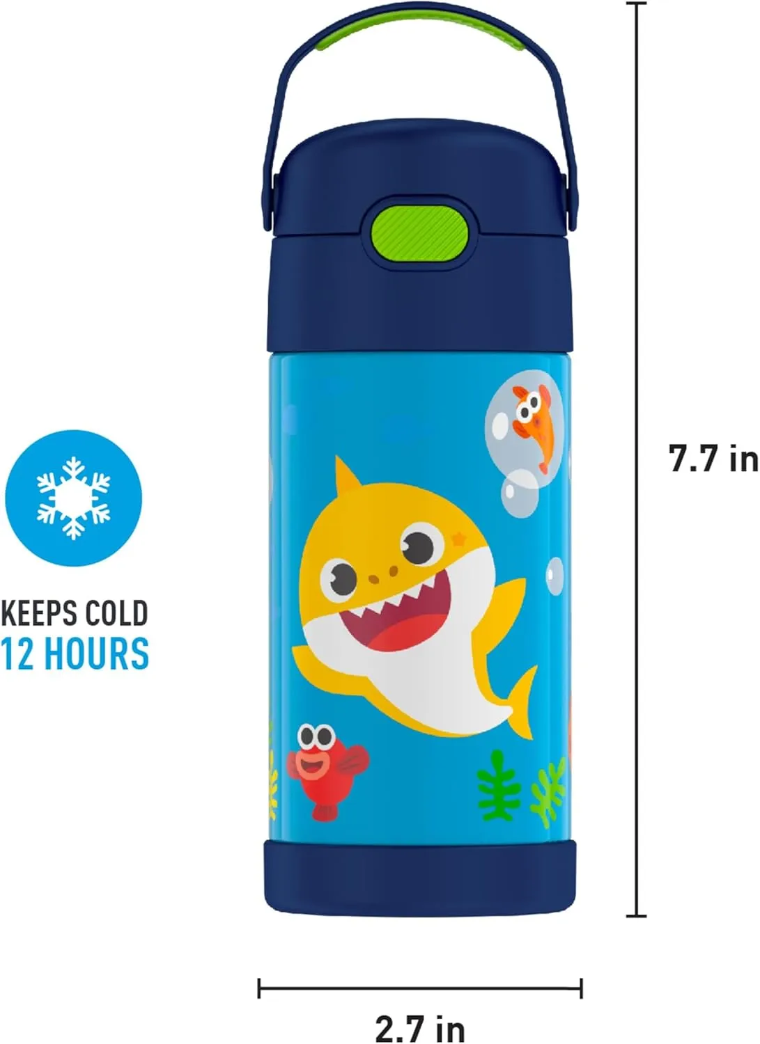 THERMOS FUNTAINER Water Bottle with Straw - 12 Ounce - Kids Stainless Steel Vacuum Insulated Water Bottle with Lid, Baby Shark