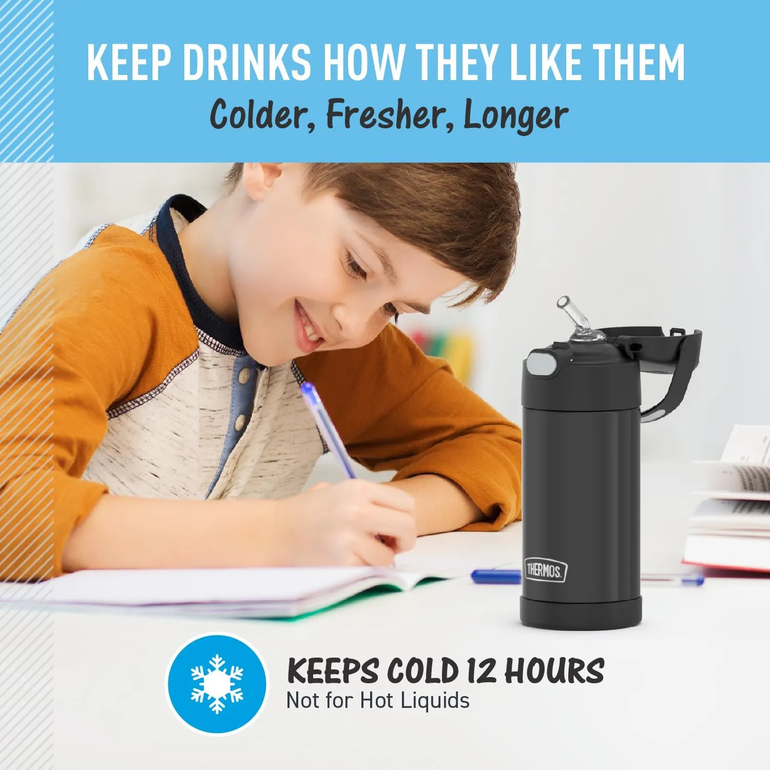 THERMOS FUNTAINER Water Bottle with Straw - 12 Ounce - Kids Stainless Steel Vacuum Insulated Water Bottle with Lid, Black