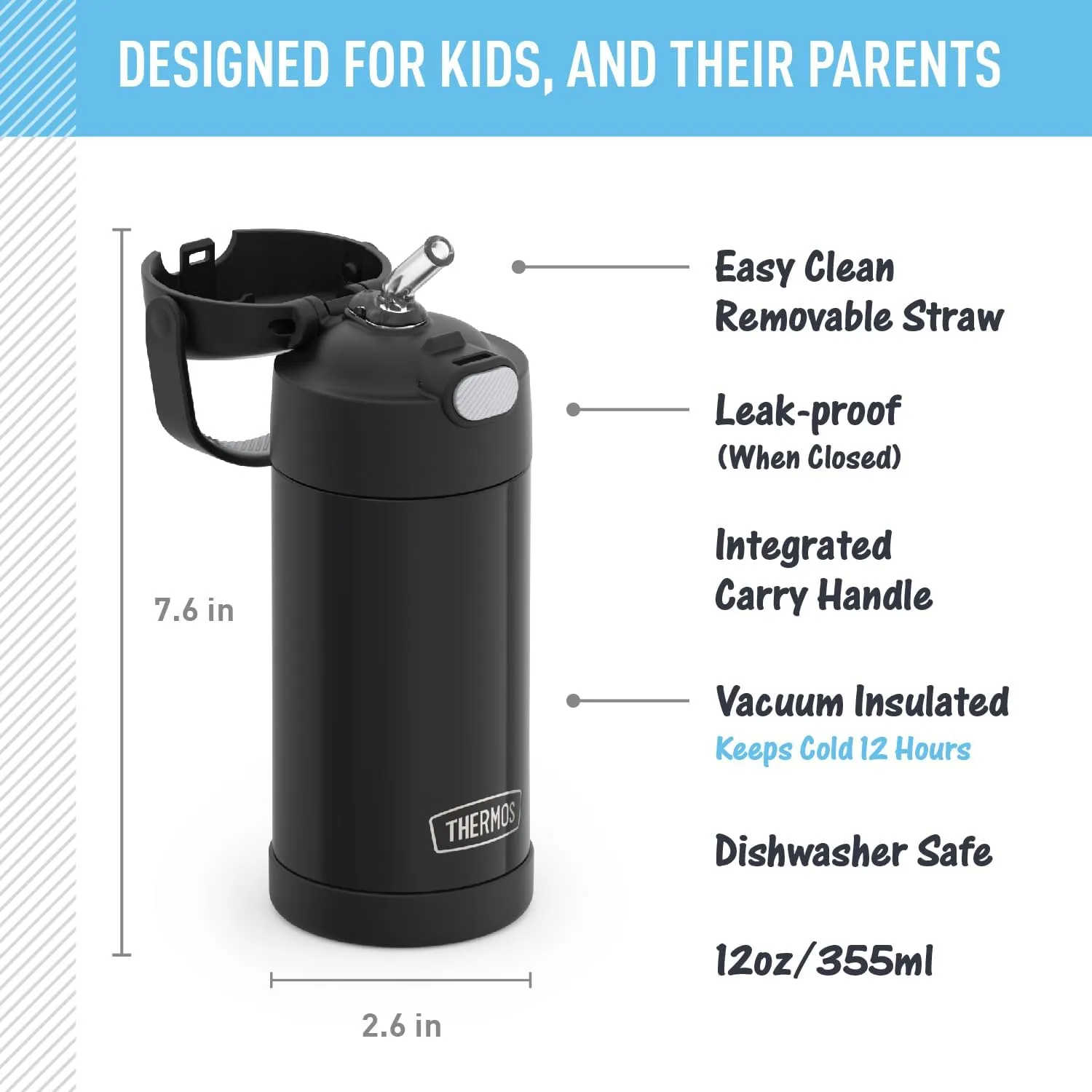 THERMOS FUNTAINER Water Bottle with Straw - 12 Ounce - Kids Stainless Steel Vacuum Insulated Water Bottle with Lid, Black