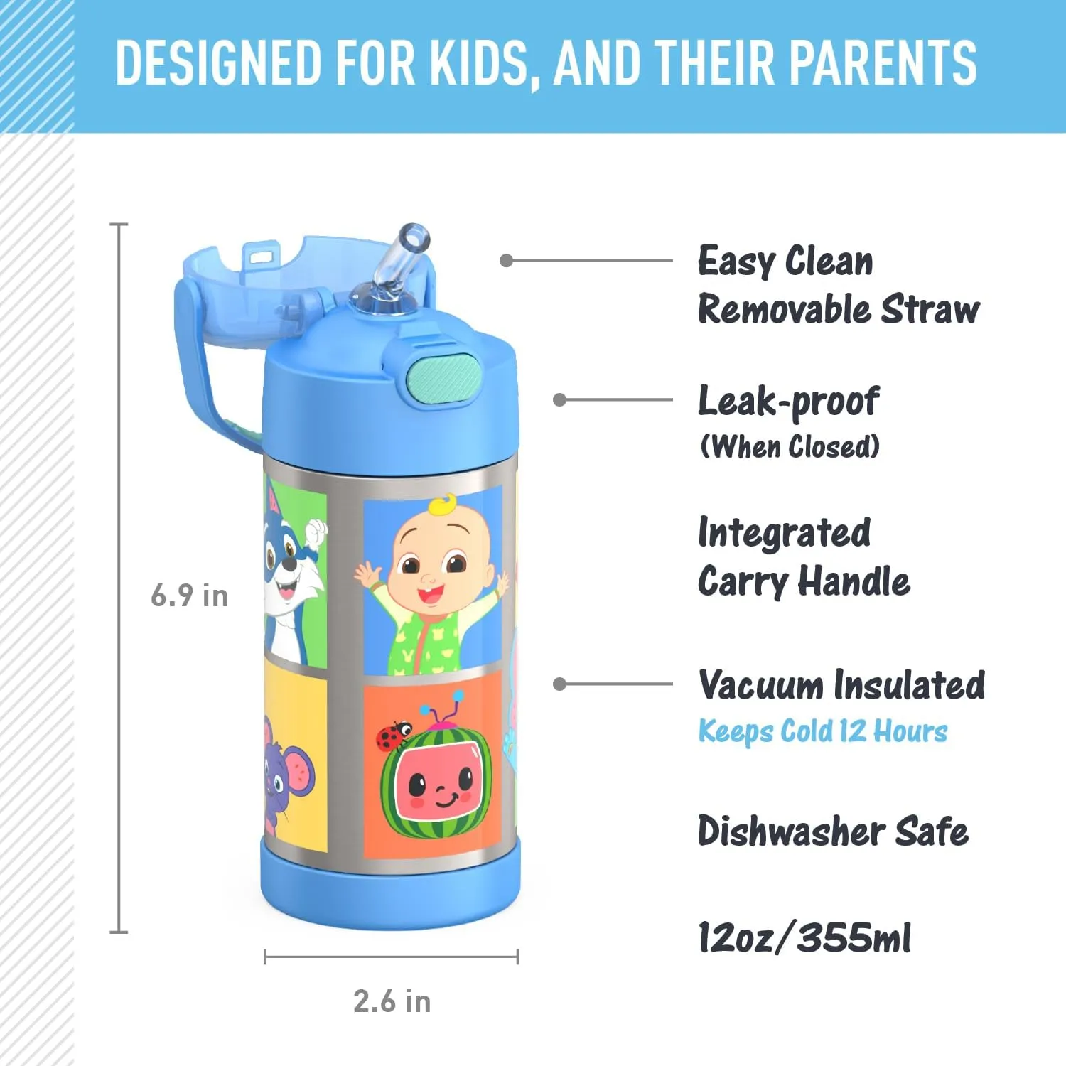 THERMOS FUNTAINER Water Bottle with Straw - 12 Ounce - Kids Stainless Steel Vacuum Insulated Water Bottle with Lid, Cocomelon