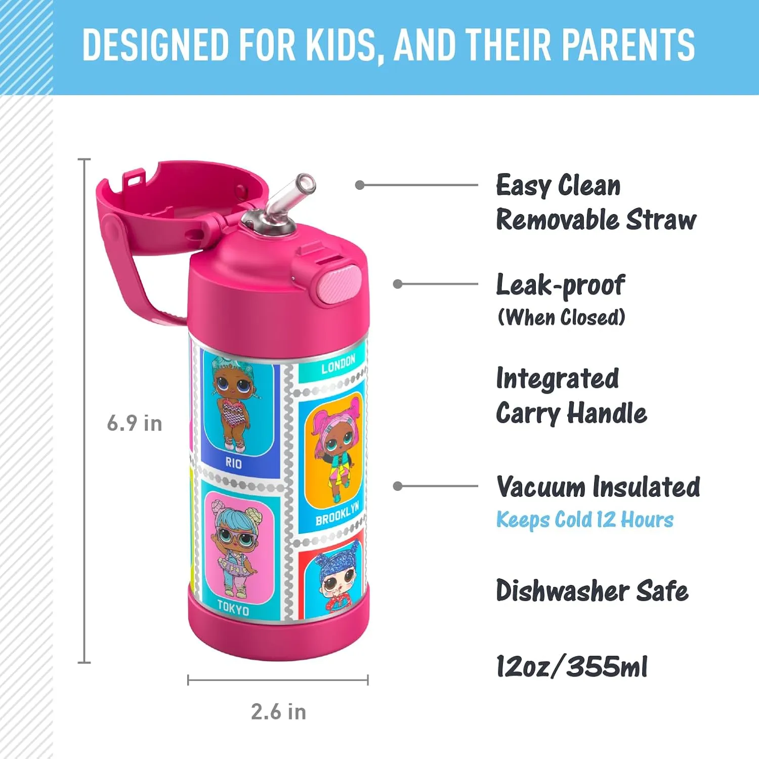 THERMOS FUNTAINER Water Bottle with Straw - 12 Ounce - Kids Stainless Steel Vacuum Insulated Water Bottle with Lid, L.O.L Surprise