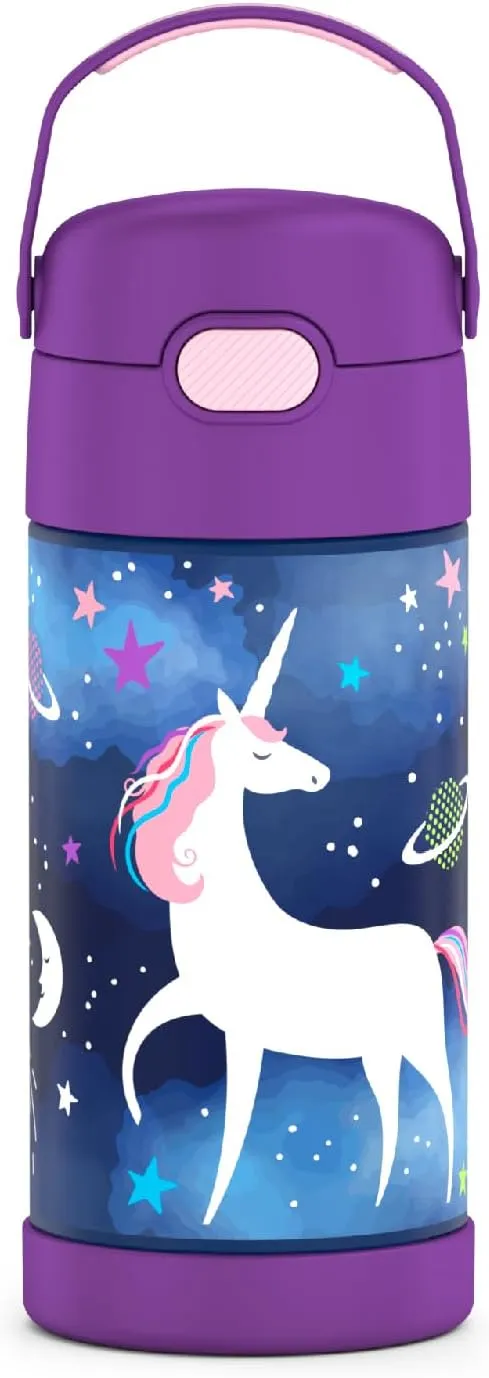 THERMOS FUNTAINER Water Bottle with Straw - 12 Ounce - Kids Stainless Steel Vacuum Insulated Water Bottle with Lid, Space Unicorn
