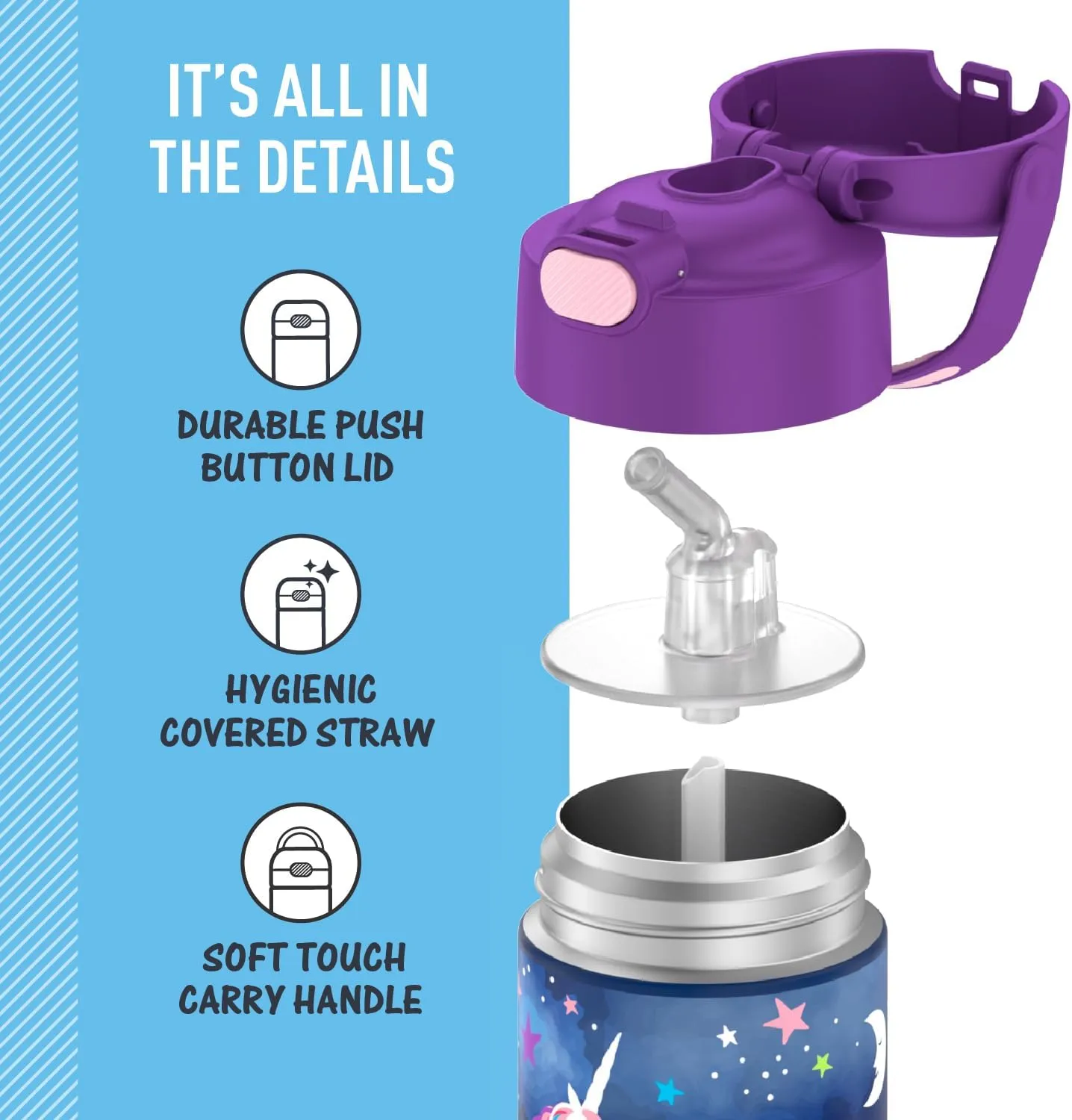 THERMOS FUNTAINER Water Bottle with Straw - 12 Ounce - Kids Stainless Steel Vacuum Insulated Water Bottle with Lid, Space Unicorn