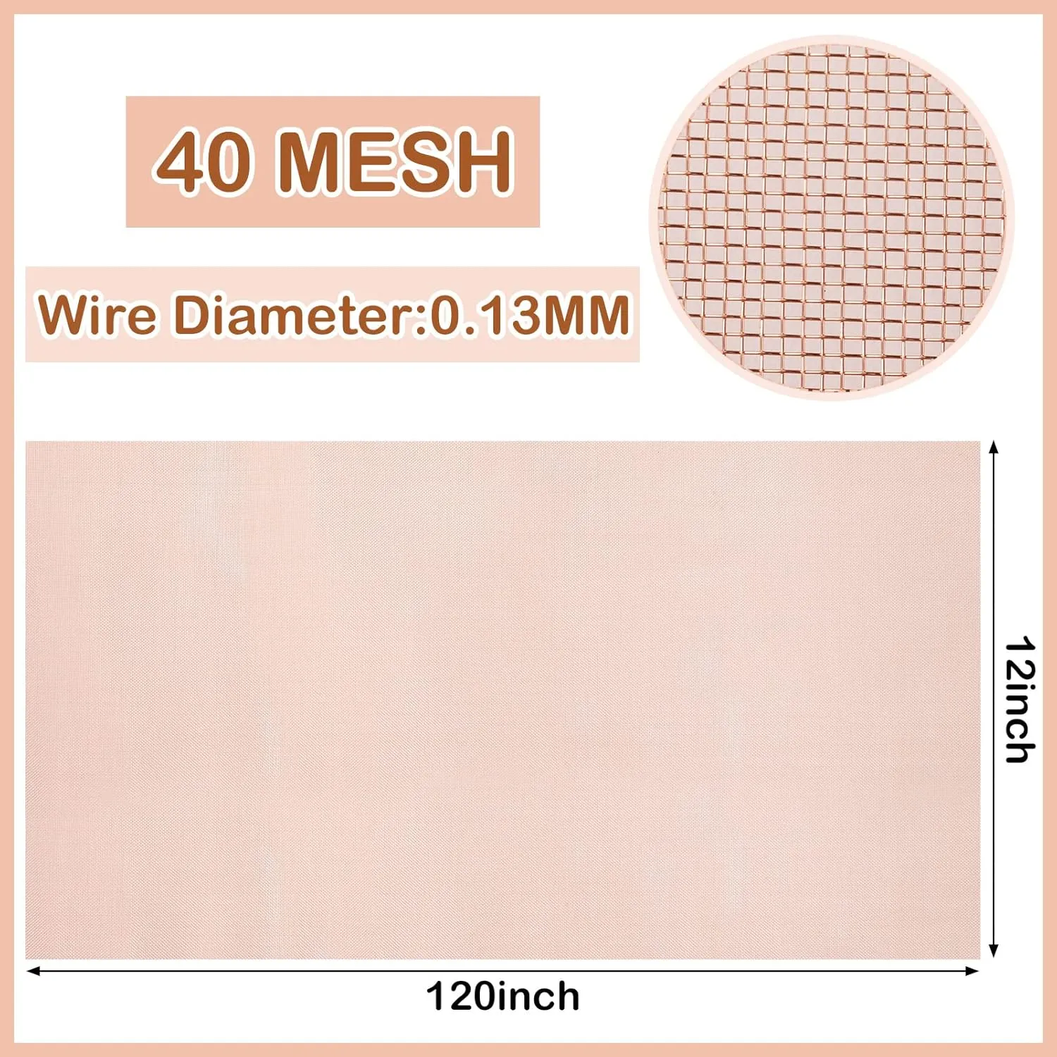 Therwen 12 Inch x 10 ft Copper Mesh Screen 99.9% Pure Copper 40 Mesh Roll Wire Fabric for Grounding Dense Filter Screen Woven Crafts Window Protection